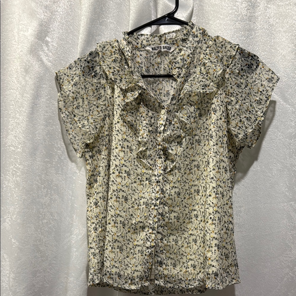 Walter Baker Tan and Black Ruffled Blouse with Peter Pan Collar